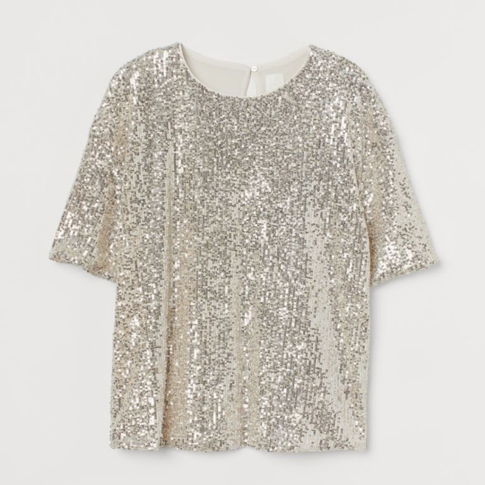 H&M Sequin Crewneck Fully Lined Top Silver Medium